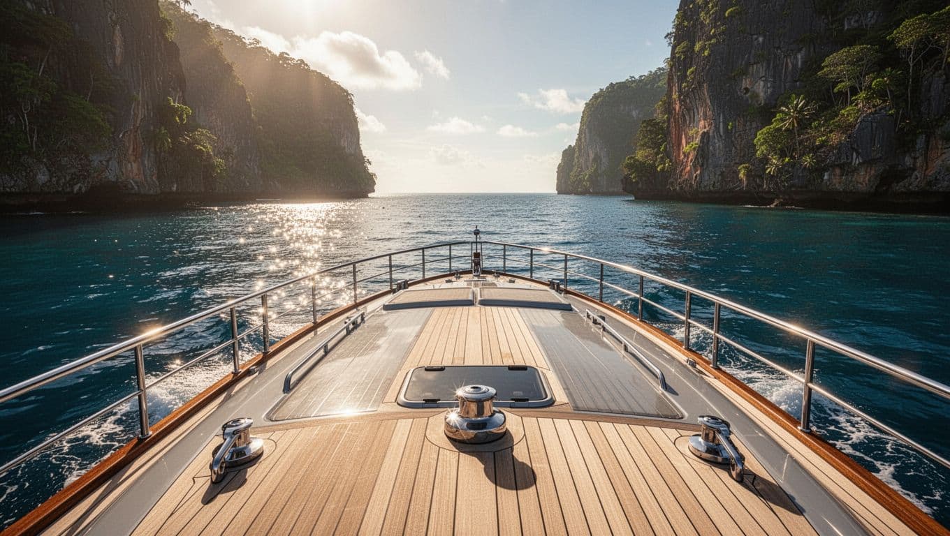 A pristine white boat deck features comfortable lounge seating under clear blue skies. The calm turquoise waters of Turtle Canyon stretch toward the horizon, highlighting the vessel's smooth and steady nature.
