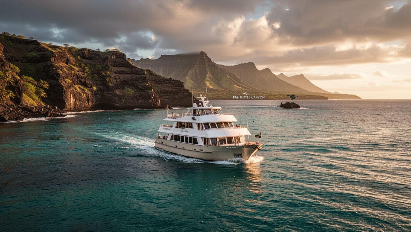 A stable double-decker boat with SeaKeeper stabilization cruises calm turquoise waters near Turtle Canyon on Oahu's coast in cinematic golden hour lighting with dramatic contrast and expansive views.