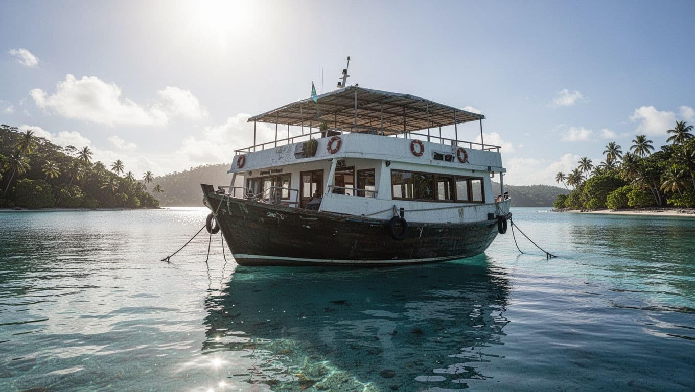 A large, double-decker boat sits anchored in calm, clear turquoise tropical waters under a bright sun.