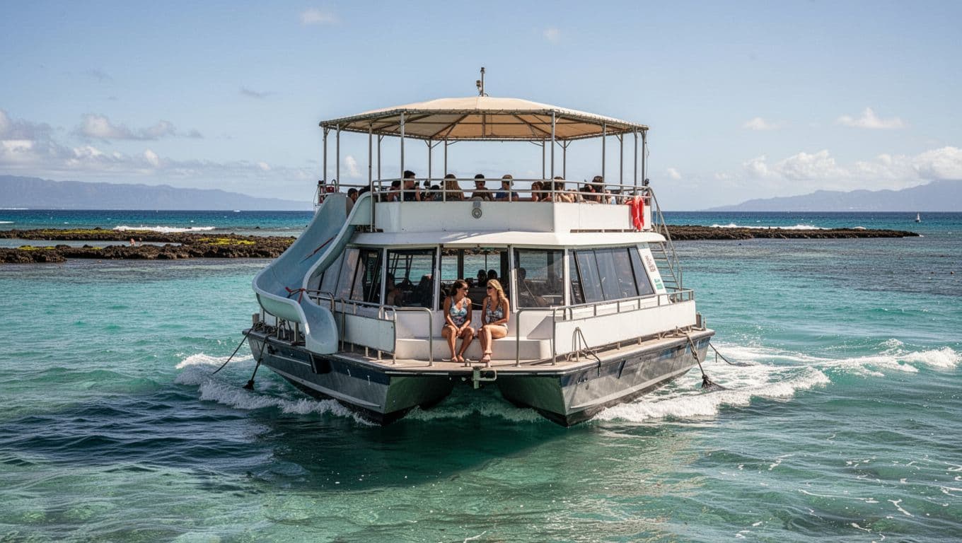 A stable double-decker tour boat anchored in calm Waikiki waters near Oahu reef, with shaded upper deck, water slide, and two relaxed guests under Hawaiian sun. Cinematic style highlights the vessel's steady stability in gentle waves.