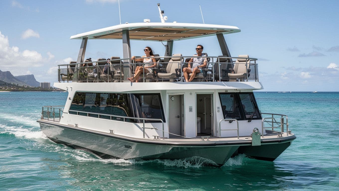 A modern stabilized double-decker tour boat cruises calm turquoise waters near Waikiki, Oahu, with relaxed passengers in shaded seating on open decks, highlighting comfort and stability for seasick first-timers.
