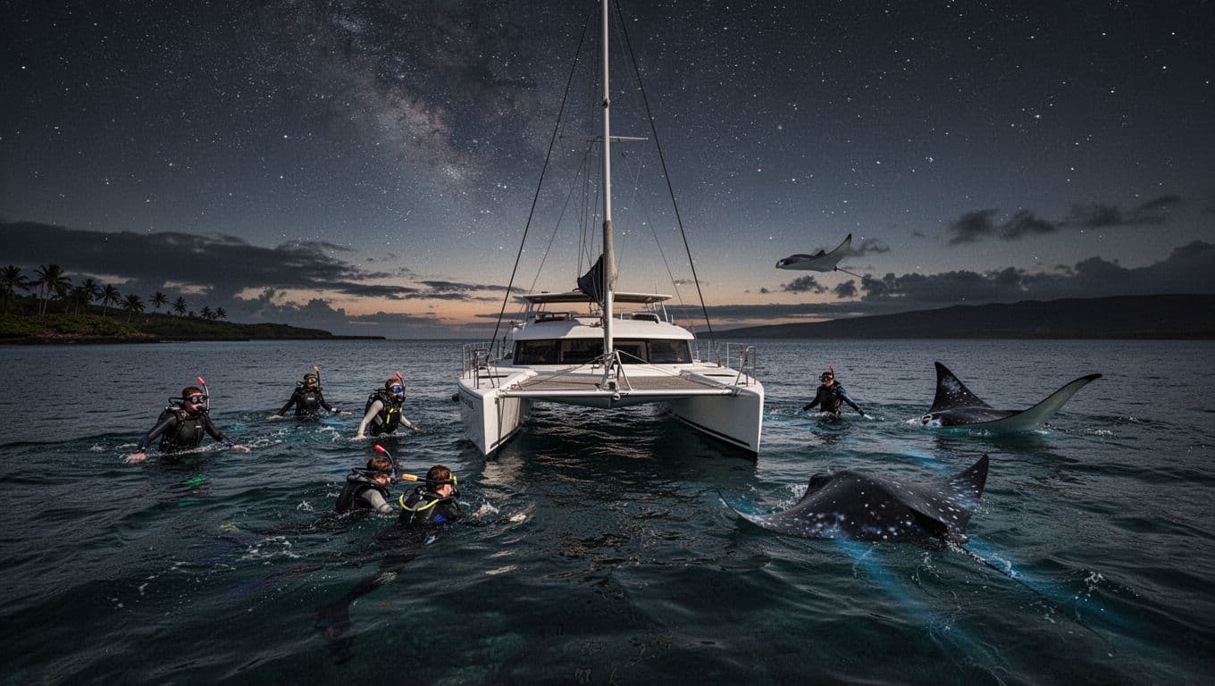Stable catamaran anchored in calm dark Kona ocean bay at dusk, snorkelers encountering gentle giant manta rays in the water, wide starry horizon.
