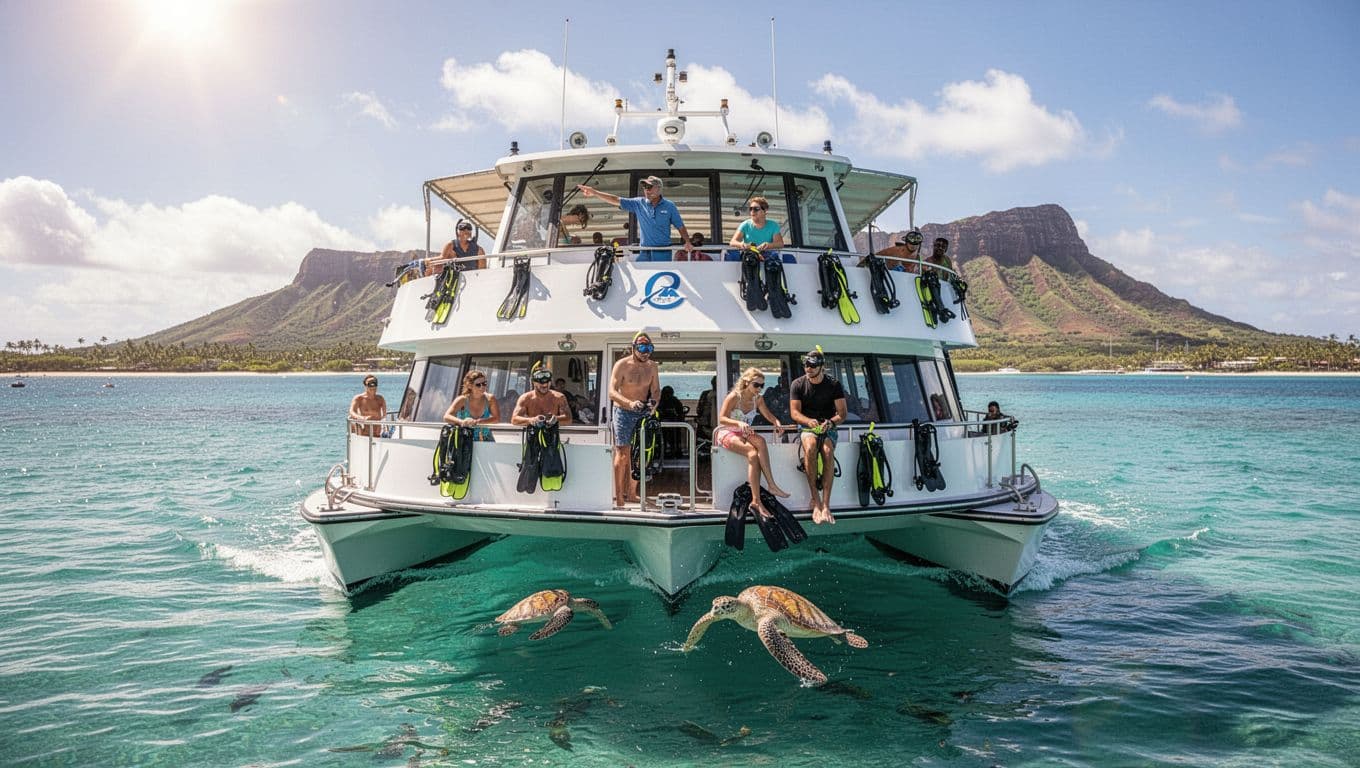 Double-decker tour boat cruises calm turquoise waters near Waikiki with distant Diamond Head; three passengers relax as guide points to sea turtles.