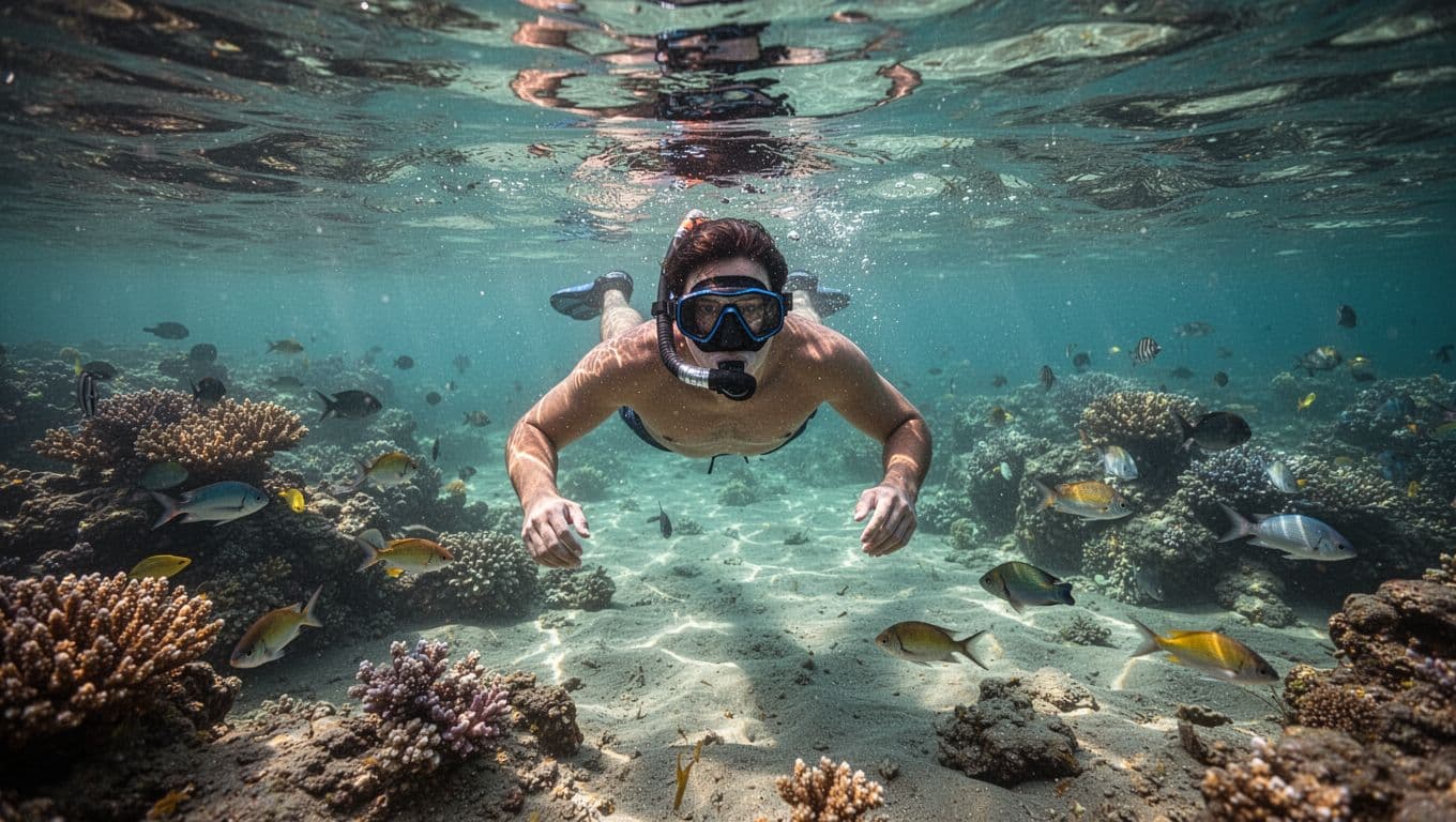 Snorkeler floats face down in clear shallow water above coral and fish on Oahu reef, hands at sides with gentle kick.