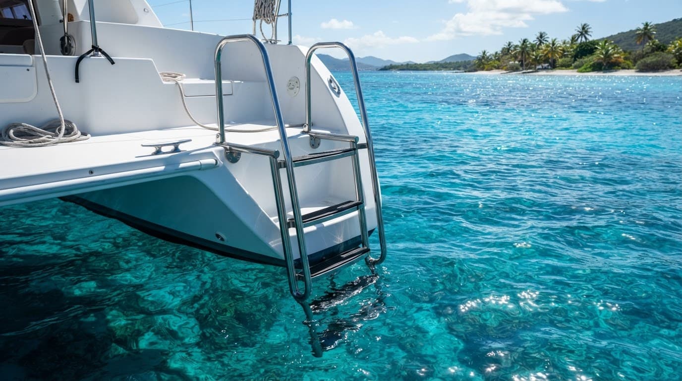 A stainless steel ladder descends from a boat into clear turquoise water.