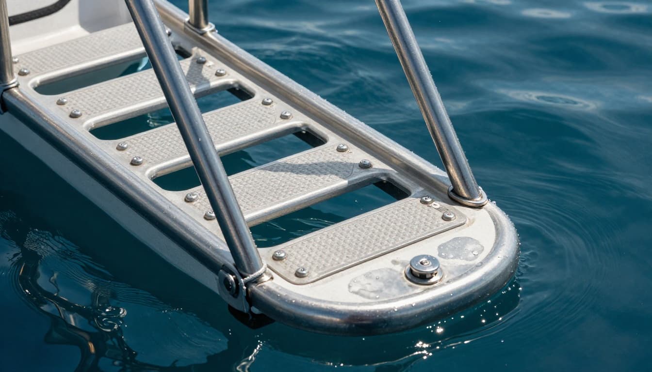 Close-up of a high-quality stainless steel boat ladder for snorkel tours, featuring wide anti-slip steps, textured treads, sturdy handrails, and rope bumpers, partially submerged in ocean water with glistening droplets.