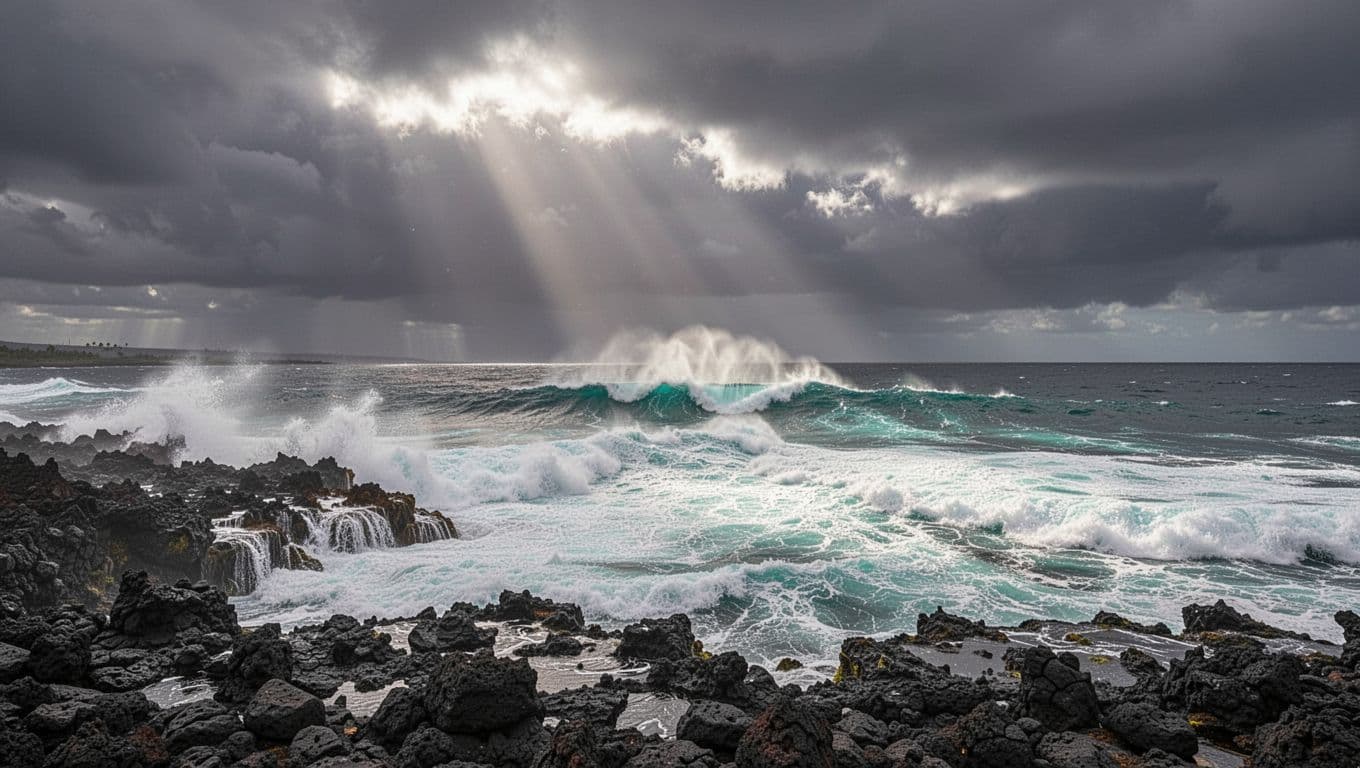 Stormy ocean with large waves crashing on black volcanic rocks along Kona Hawaii coastline, dark gray clouds, dramatic cinematic style with sunlight rays highlighting turquoise wave crests.