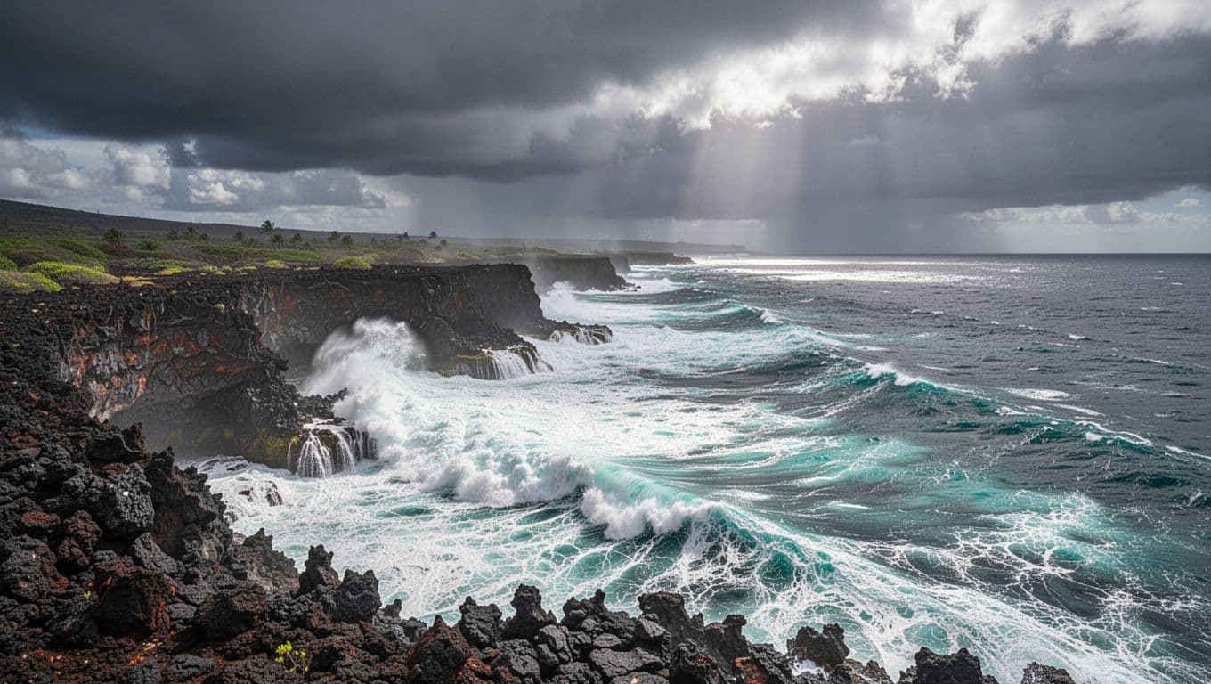 Stormy ocean waves crash against rugged volcanic cliffs on Hawaii's Big Island coast, with dark clouds and breaking sunlight rays, depicting turbulent conditions that could cancel snorkel tours.