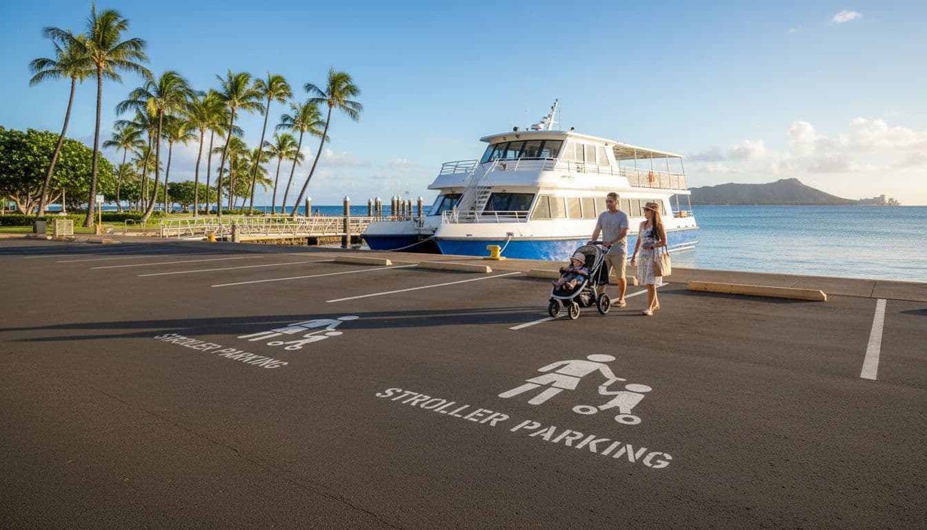 A family with two adults and a toddler in a stroller approaches a modern double-decker tour boat from the stroller-friendly parking area at Kewalo Basin Boat Harbor in Honolulu, Oahu, with palm trees and ocean backdrop on a bright tropical morning.