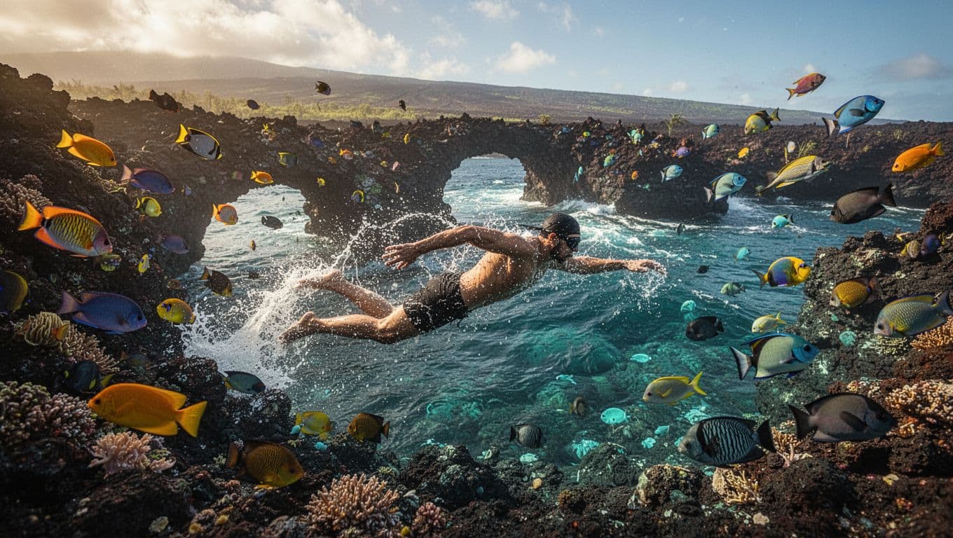A single strong swimmer kicks powerfully on the ocean surface towards a vibrant reef in Pawai Bay, Kona, surrounded by schools of colorful tropical fish, lava rock arches below, and a volcanic coastline backdrop.