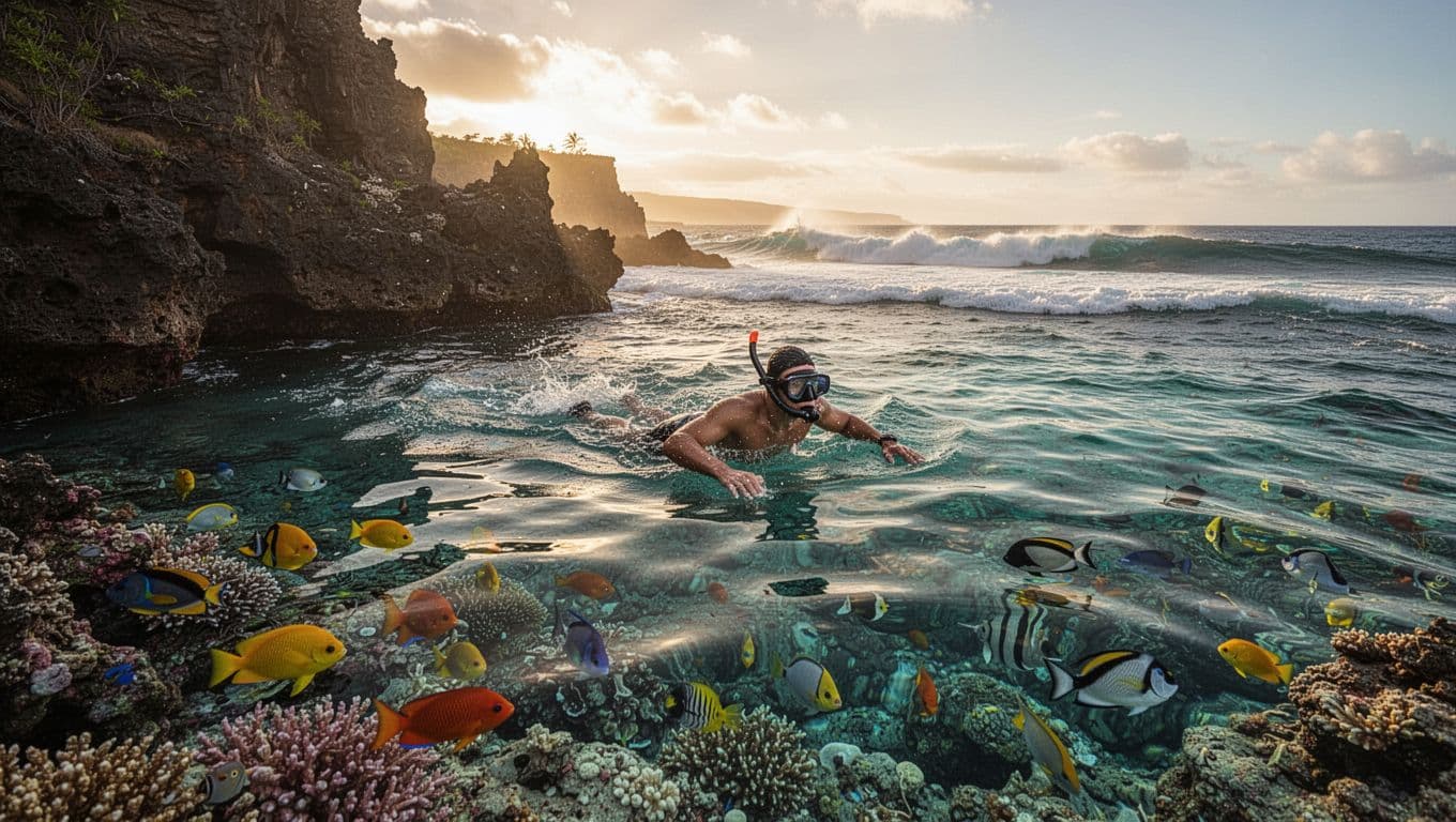 A strong swimmer snorkels in crystal-clear turquoise ocean water near dramatic rocky cliffs at Makapuu Point, Oahu, Hawaii, with vibrant coral reefs and colorful tropical fish visible underwater amid powerful waves.
