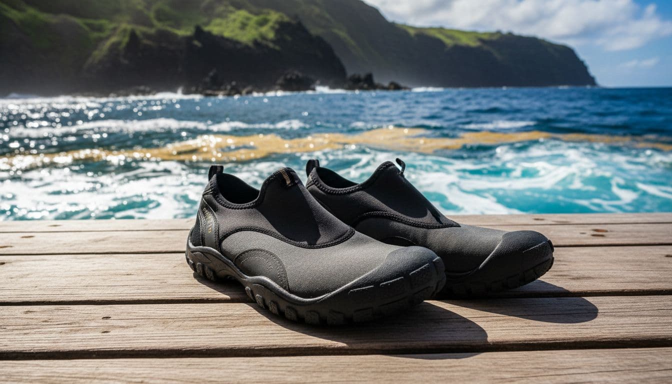 Close-up of two sturdy water shoes on wooden boat deck, ocean waves and volcanic coastline in background.