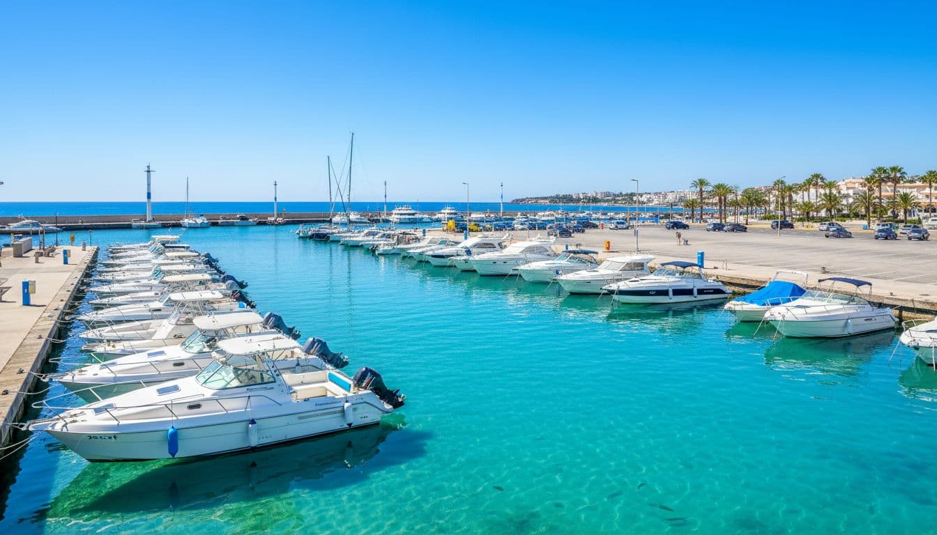 Sunny harbor with boats docked at piers, clear blue water, and bright sky.