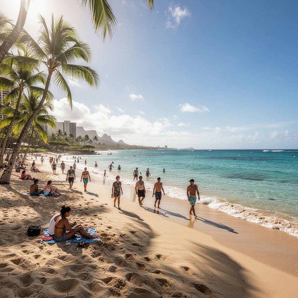 People enjoy the warm sand and turquoise waters on a bright day at Waikiki Beach.