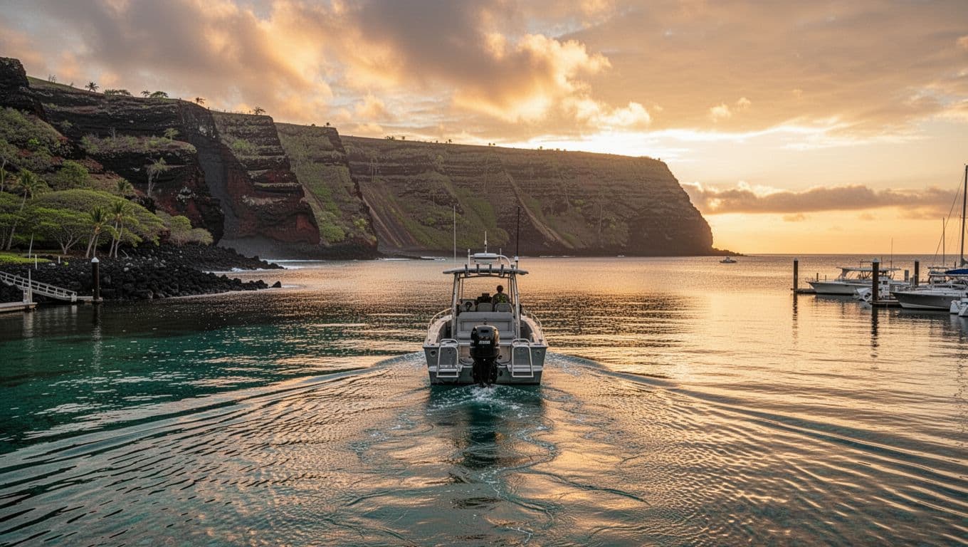 Small adventure boat departing calm Honokohau Marina at early morning sunrise towards Kealakekua Bay for snorkel tour, Kona Hawaii coastline with volcanic cliffs in background, glassy ocean reflecting sky in cinematic style with dramatic warm golden lighting.