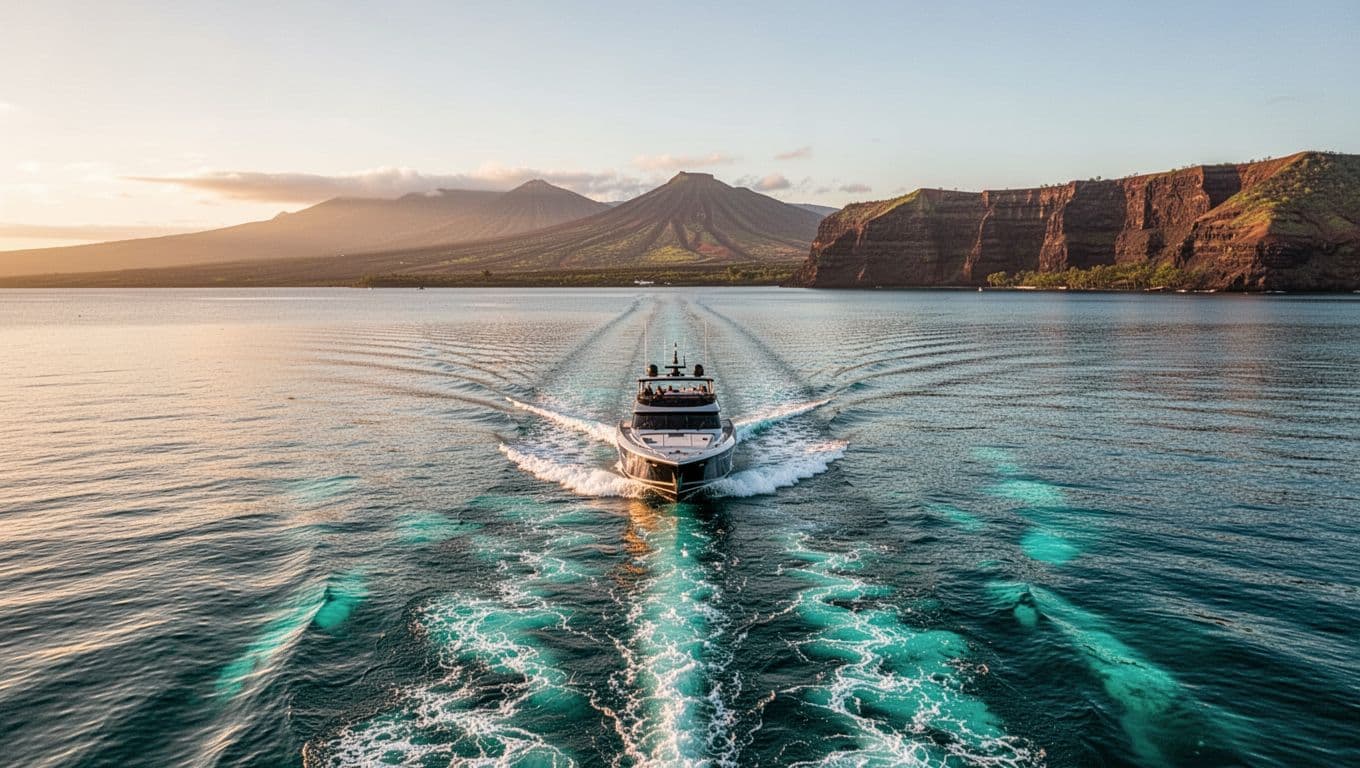 A sleek speedboat glides smoothly over calm, glassy turquoise ocean at sunrise towards Kealakekua Bay, featuring distant Kona Hawaii volcanic coastline and cliffs in cinematic style with dramatic golden lighting.