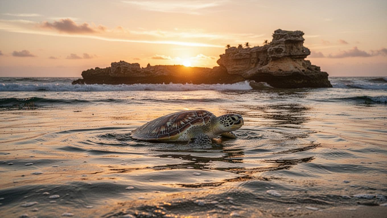 A sea turtle surfaces near a jagged rock formation as the rising sun paints the Pacific Ocean in warm golden tones. Gentle waves ripple across the calm surface during early dawn.