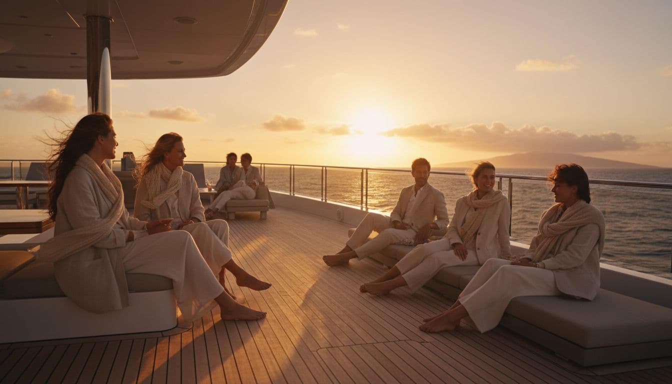 People in layered clothing enjoy the breeze on a boat deck during a golden hour sunset.