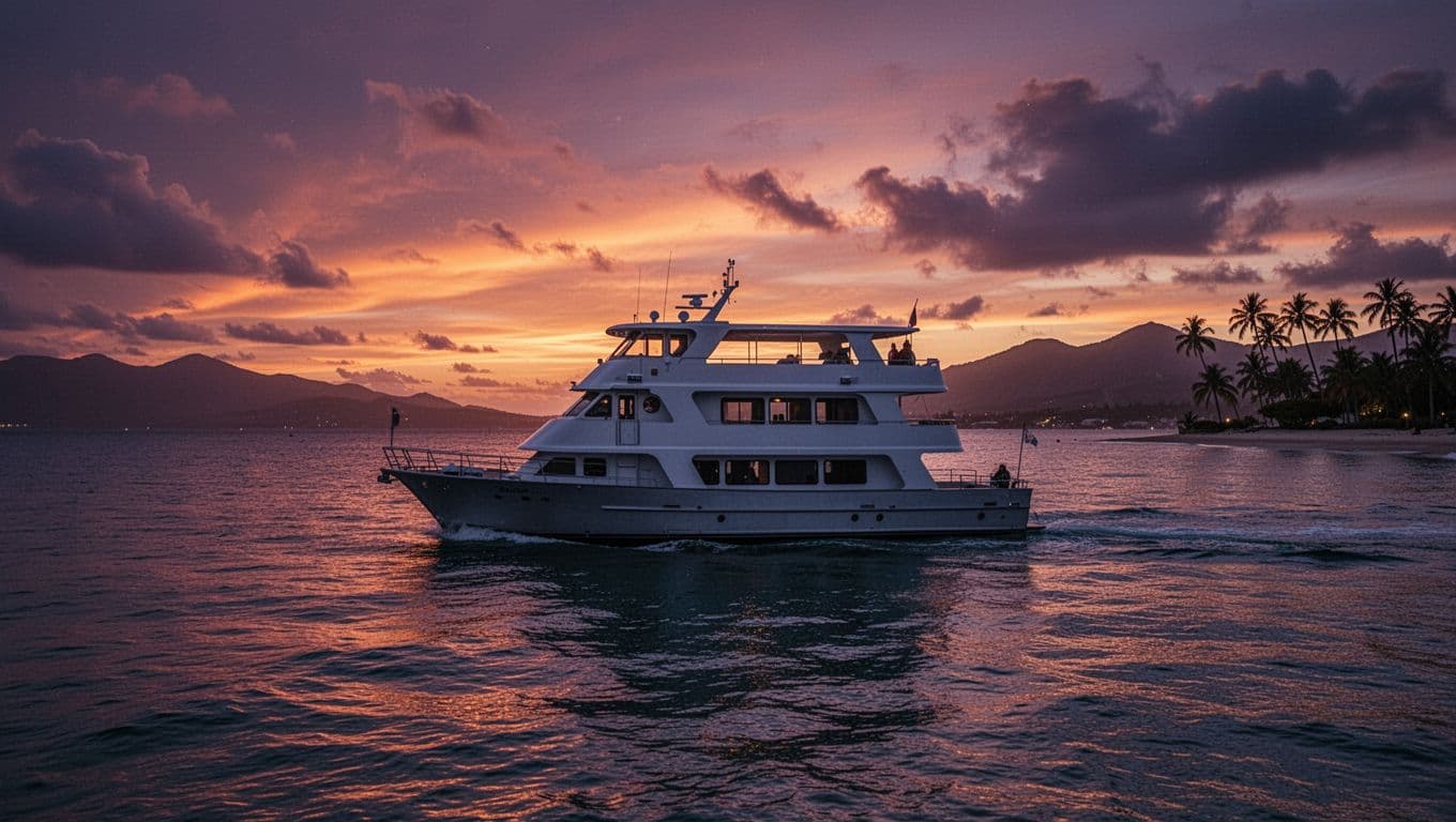 A double-decker boat glides across calm ocean waters while a dramatic sunset of orange and purple paints the sky. Silhouettes of distant mountains and palm trees frame the serene horizon.