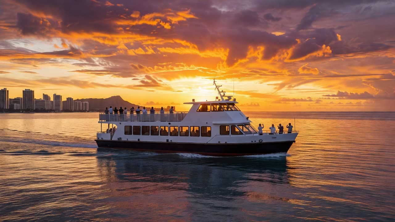 A double-decker boat glides across the tranquil Pacific waters near Waikiki. The vivid orange and purple sunset sky casts a warm golden glow, creating strong silhouettes against the calm ocean surface.