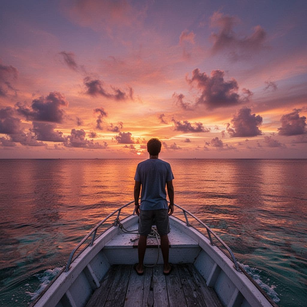 A vibrant orange and purple sunset glows over a calm tropical ocean viewed from a boat deck.