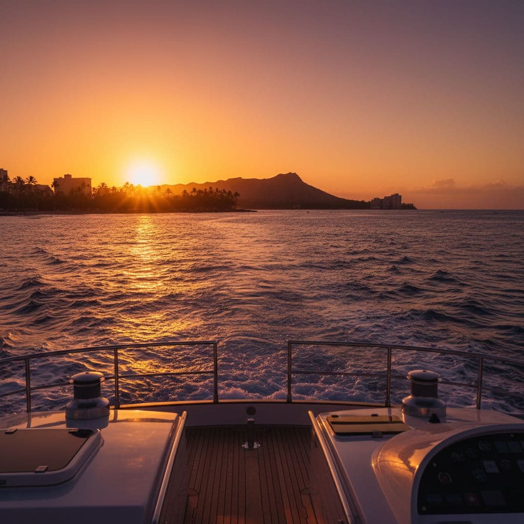A view of the Pacific Ocean sunset captured from a boat deck near the Waikiki shoreline.