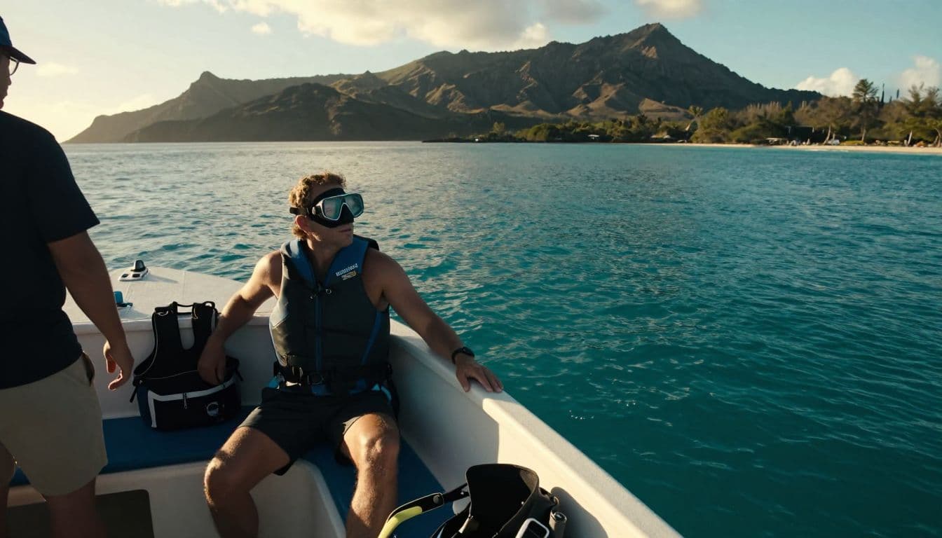 A seated snorkeler rests on a small boat beside calm turquoise water.