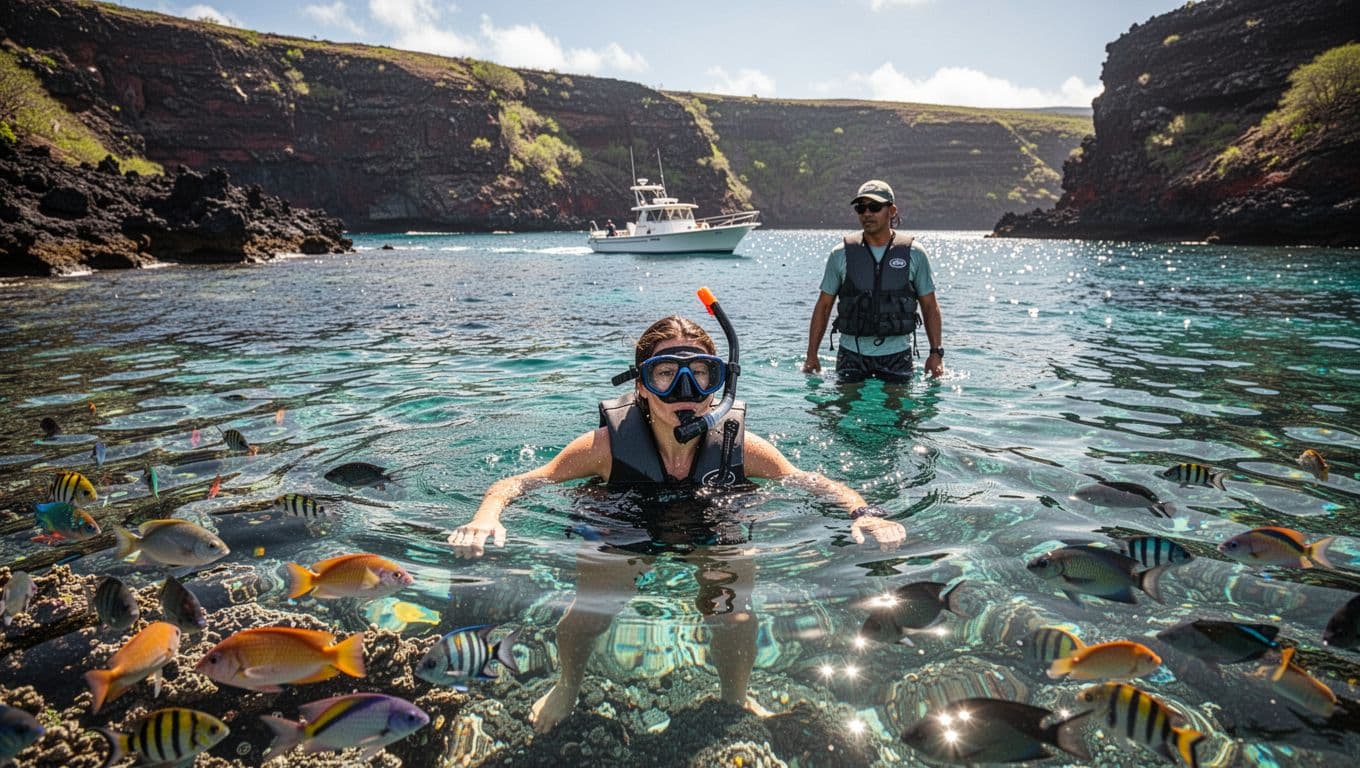 A beginner snorkeler floats near a guide above a colorful reef in clear Hawaiian water.