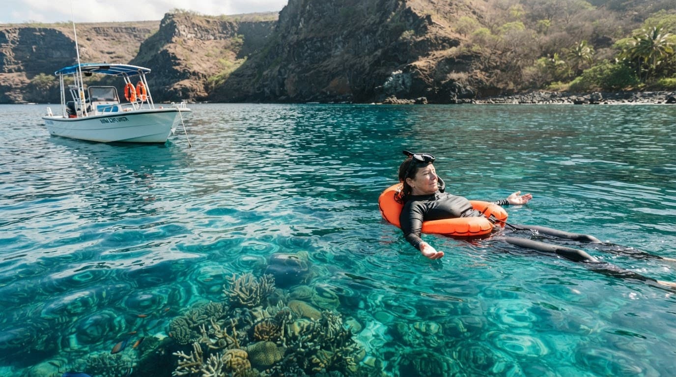 A snorkeler in a flotation vest floats near a small boat above a colorful reef.