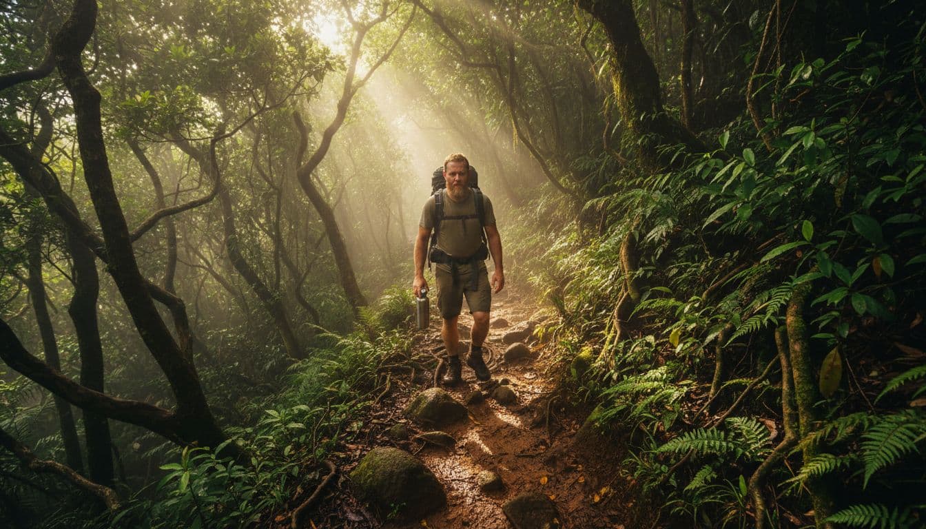 Lone hiker with dripping sweat navigates steep muddy trail through misty lush rainforest to Manoa Falls.