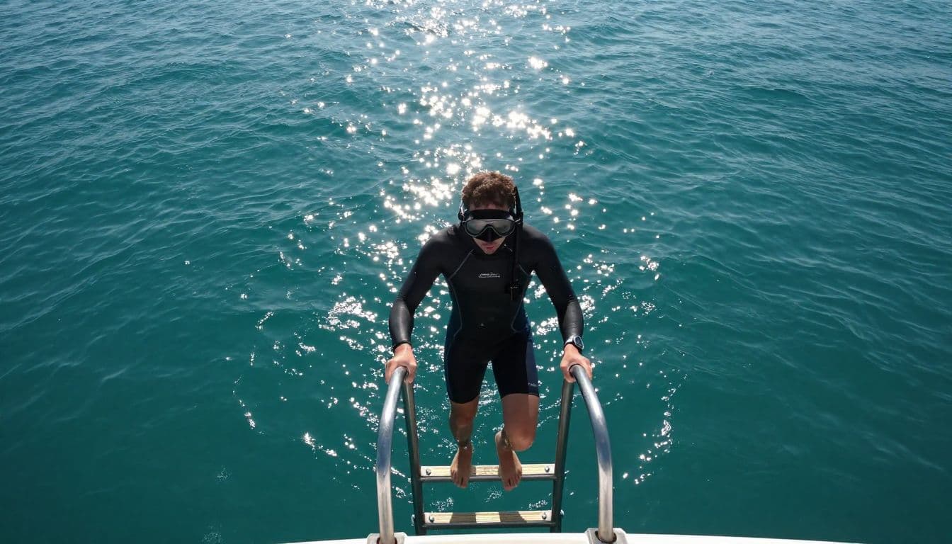 A snorkeler in full gear pulls their body up a vertical metal ladder attached to the side of a white boat. The surrounding water is clear, calm, and vibrant turquoise blue.