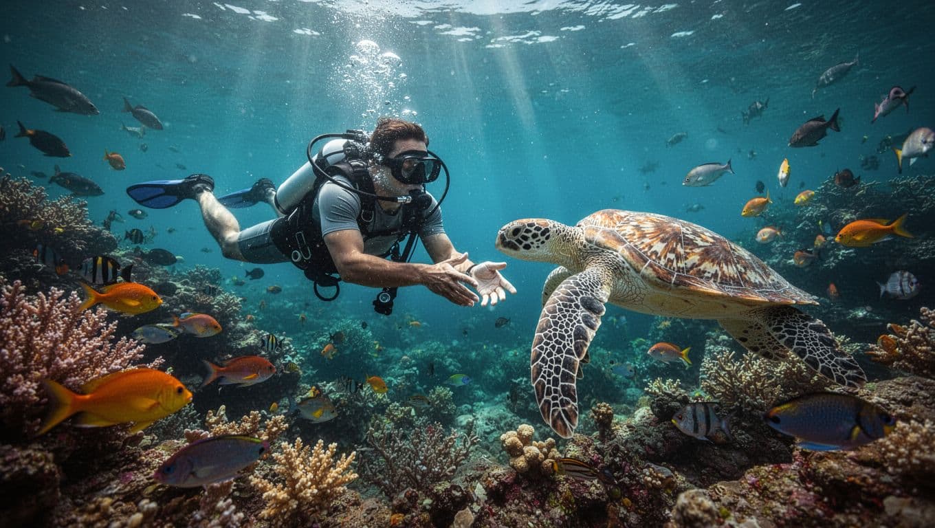 A person swims through crystal clear ocean water while aiming a camera at a large sea turtle. Sunlight refracts through the surface, illuminating vibrant marine life and the coral reef below.