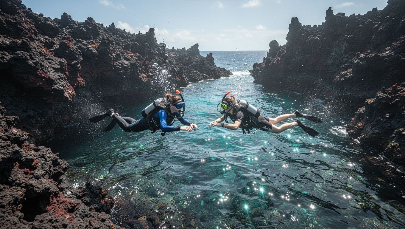 A group of snorkelers drifts calmly through clear turquoise water alongside jagged dark volcanic stone formations. The bright sunlight catches the surface, creating a vibrant contrast against the deep ocean.