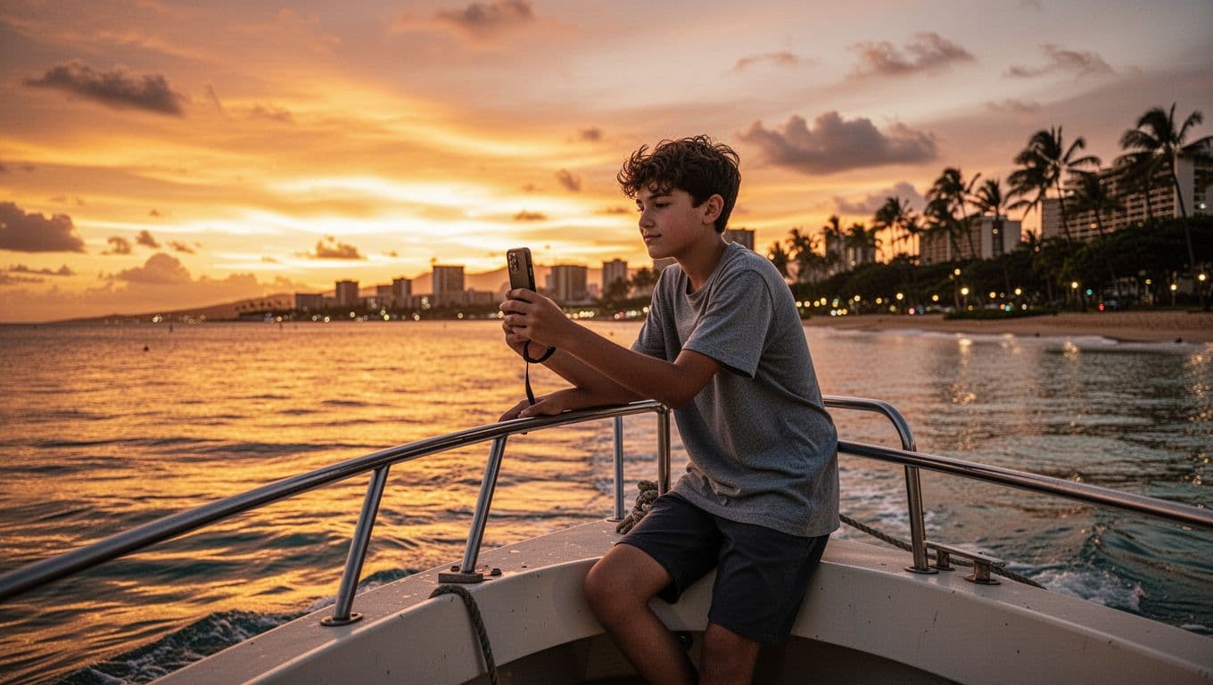 A teenager leans casually on the boat railing, snapping a photo with their phone of the stunning Waikiki sunset over the ocean, featuring a golden orange sky reflecting on the water, distant city lights, and silhouetted palm trees.