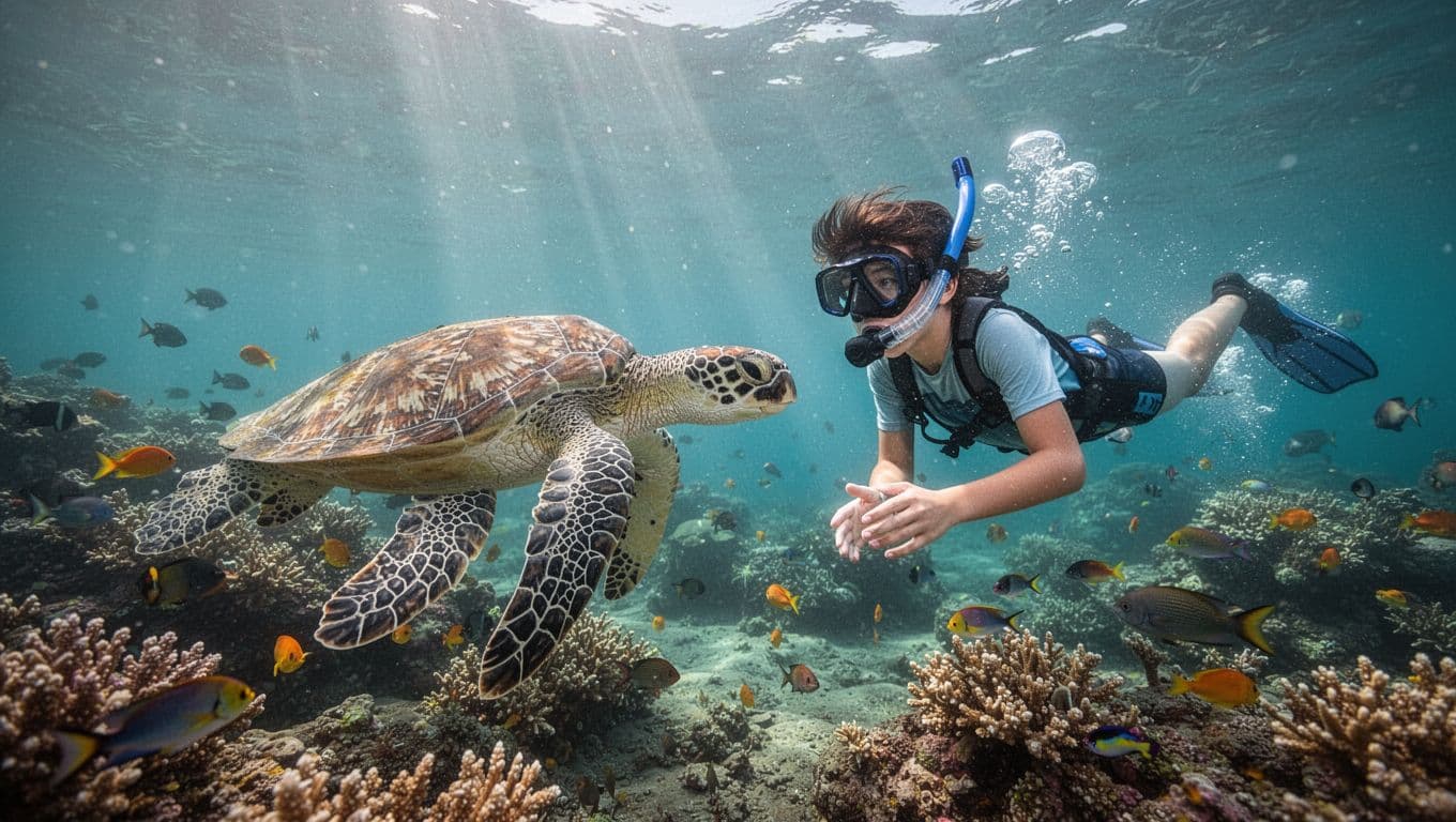 Excited teenager snorkeling near a Hawaiian green sea turtle in crystal clear turquoise water at Waikiki reef, surrounded by vibrant coral and colorful fish with sun rays piercing the surface.