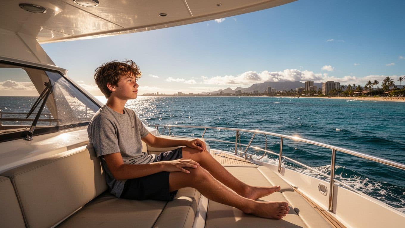 A teenage traveler reclines on the cushioned upper deck of a boat, gazing toward the Waikiki shoreline. The clear blue Pacific ocean shimmers under warm, dramatic afternoon sunlight in the background.