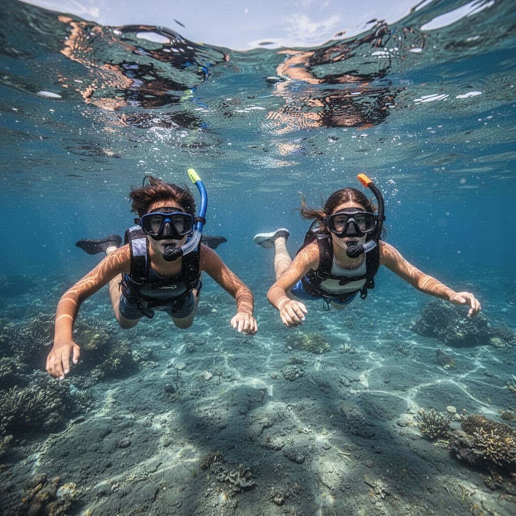 Group of teenagers snorkeling in clear shallow blue waters of Kealakekua Bay, Hawaii.