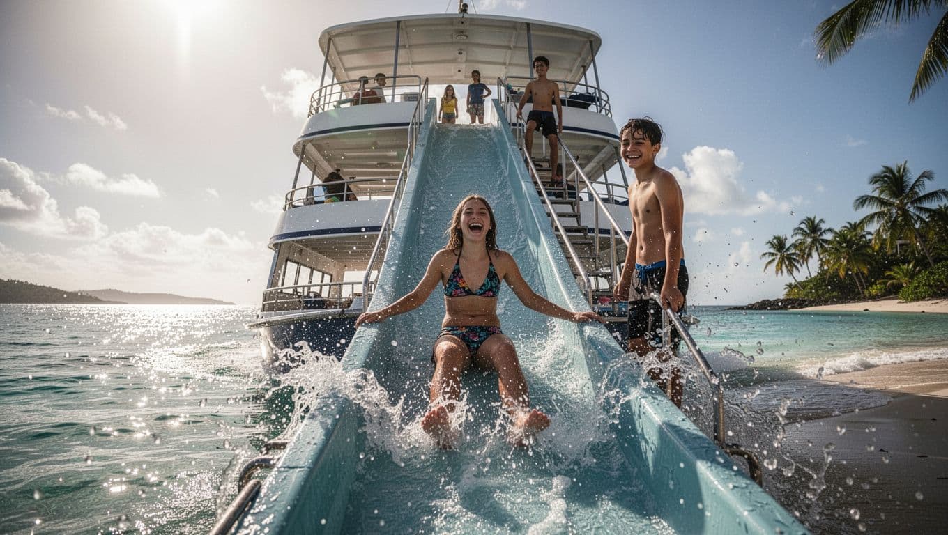 Two teenagers laughing joyfully as one slides down a tall water slide mounted on a double-decker boat into the sparkling ocean off Waikiki, while the other waits her turn on a sunny tropical day with water splashes.