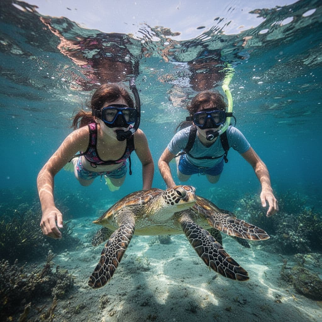 A teenage boy and girl swim in vibrant turquoise water alongside a large green sea turtle. Sunbeams filter through the surface, illuminating the colorful coral reef and marine life below them.