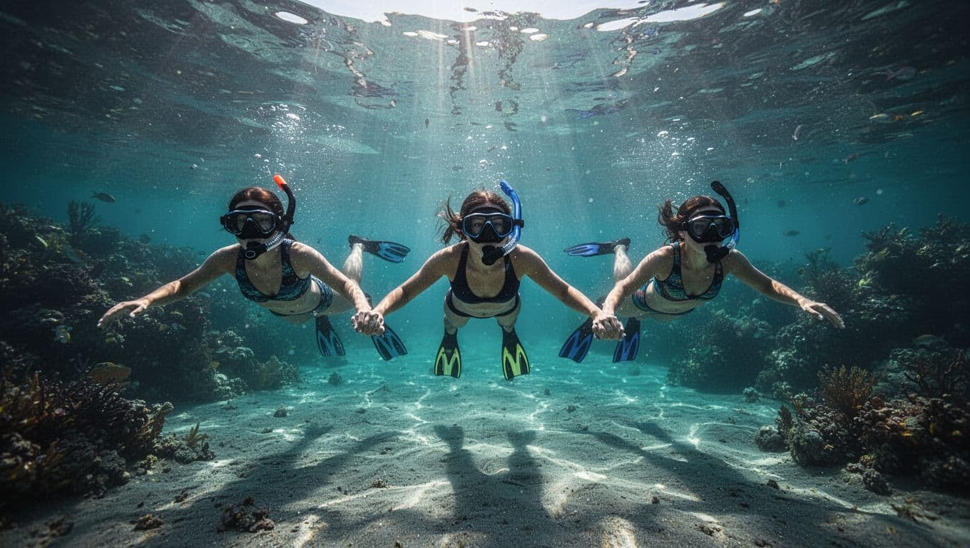 Three people in snorkeling gear float together in calm, transparent blue water.