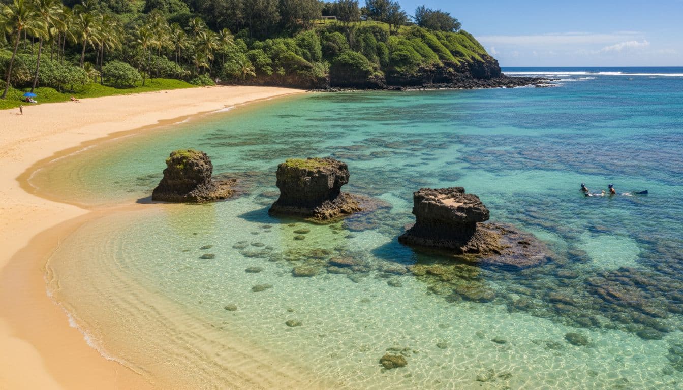 Golden sand beach features three lava rock tables in calm turquoise lagoon with two distant snorkelers entering water; palm trees line background cliffs.