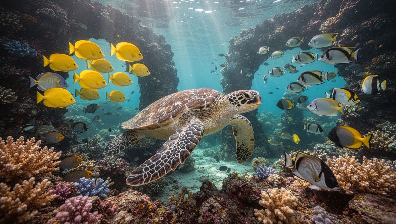 Hawaiian green sea turtle swims near lava rock arches, colorful corals, and schools of yellow tang, surgeonfish, butterflyfish in turquoise water.