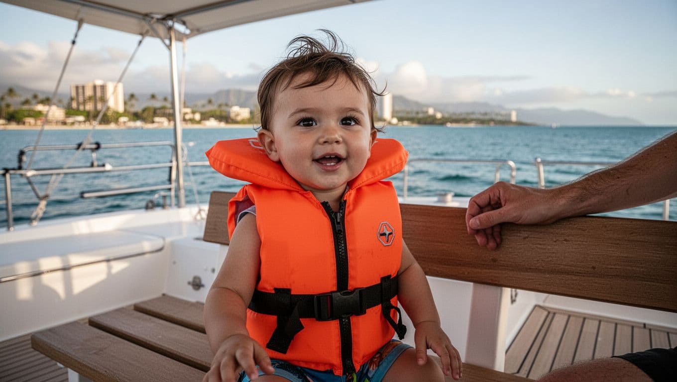Toddler boy in oversized orange life jacket sits on shaded catamaran bench with parent hand nearby and Waikiki ocean background.