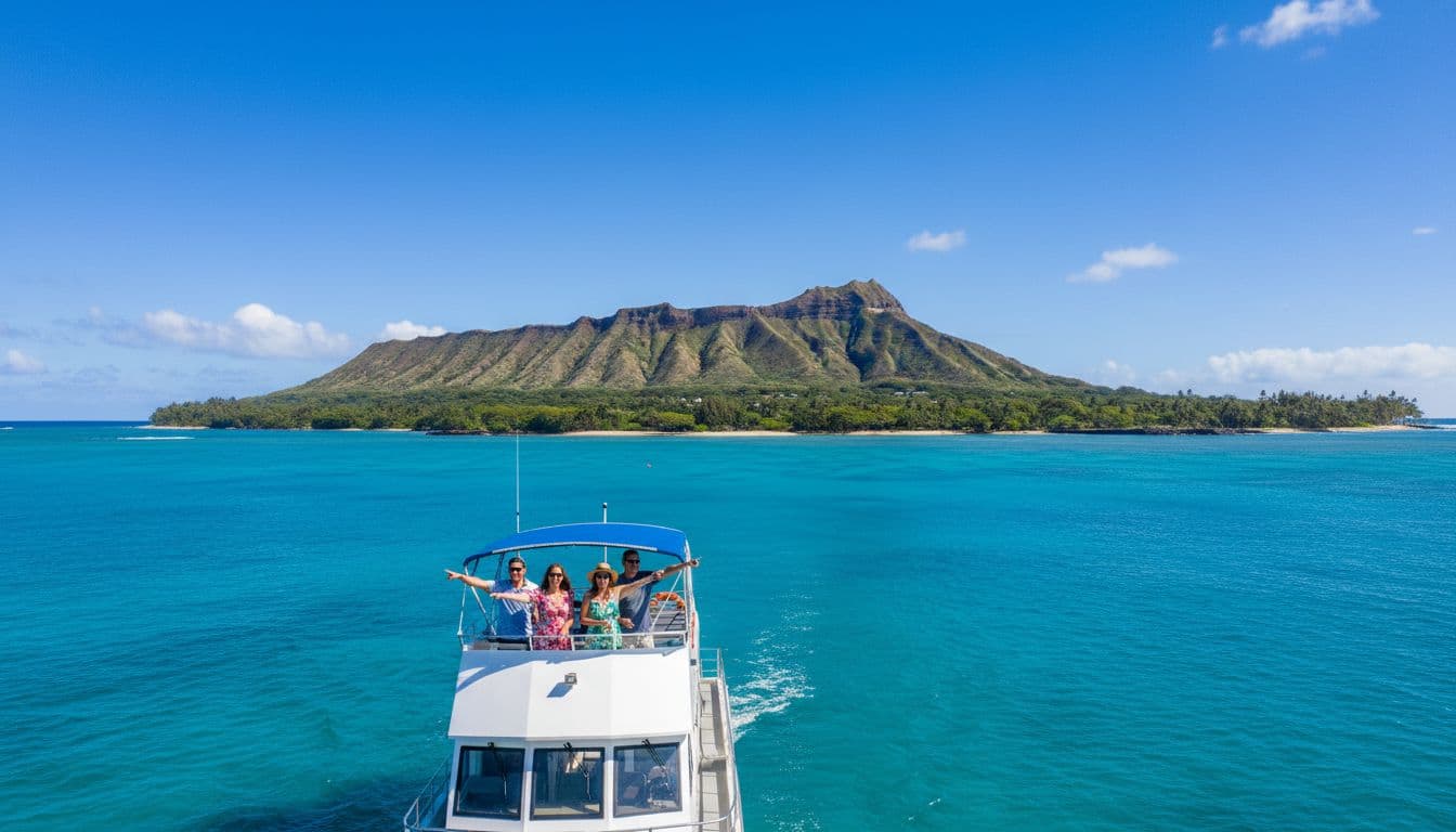 A double-decker tour boat approaches the iconic Diamond Head volcanic crater from offshore, featuring lush green slopes rising from turquoise waters under a clear blue sky, with four excited passengers on the upper deck.