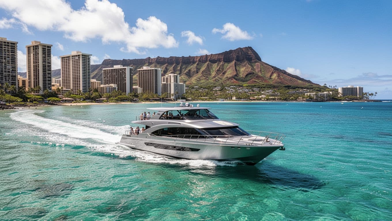 A sleek white tour boat glides through vibrant turquoise waters towards the famous Diamond Head crater. The distant Waikiki skyline rests beneath a brilliant tropical sun on this clear Hawaiian day.