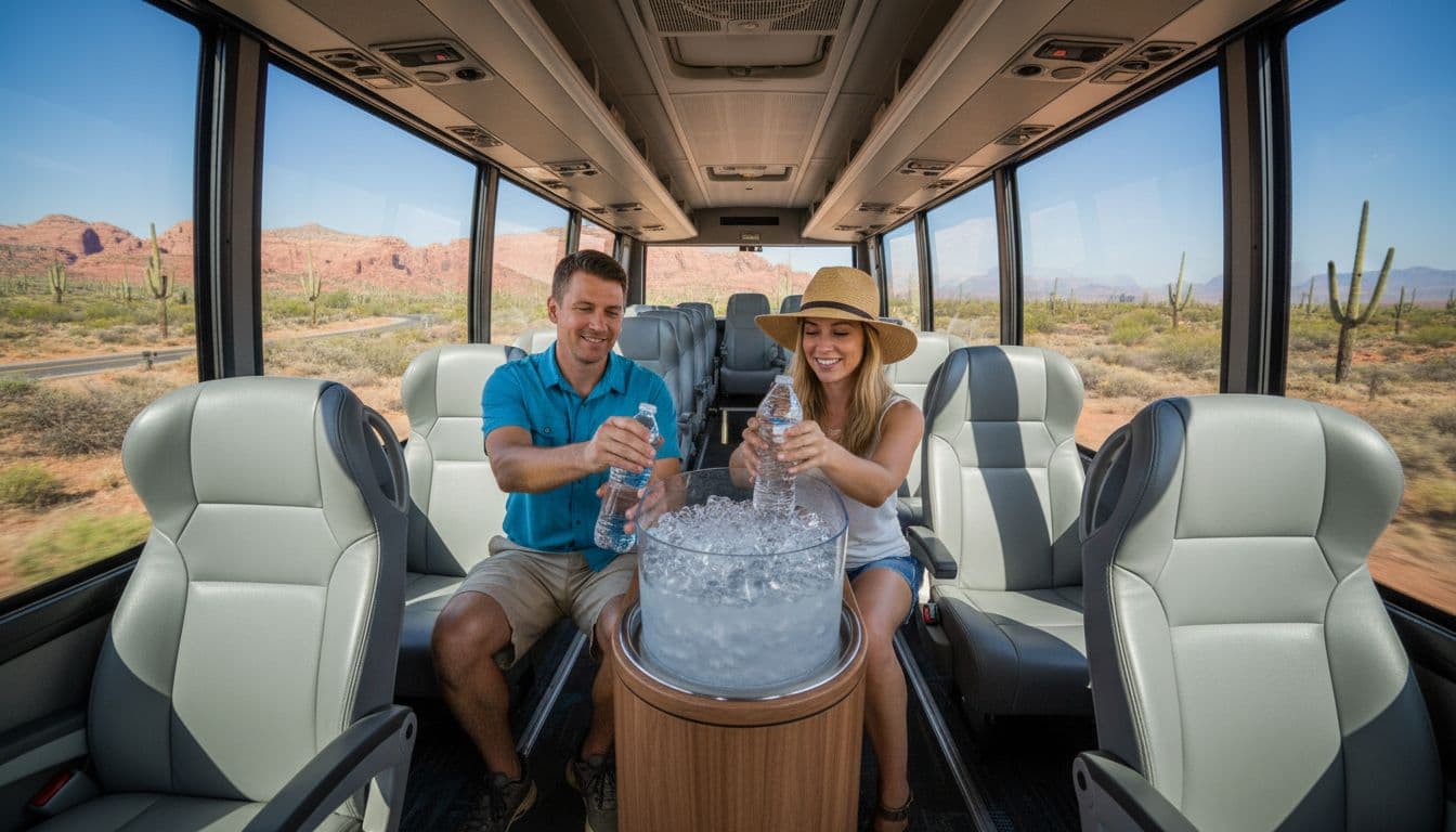 Modern tour bus interior with two passengers refilling water bottles from a large ice water cooler, comfortable seats, and desert landscape outside under bright natural light.