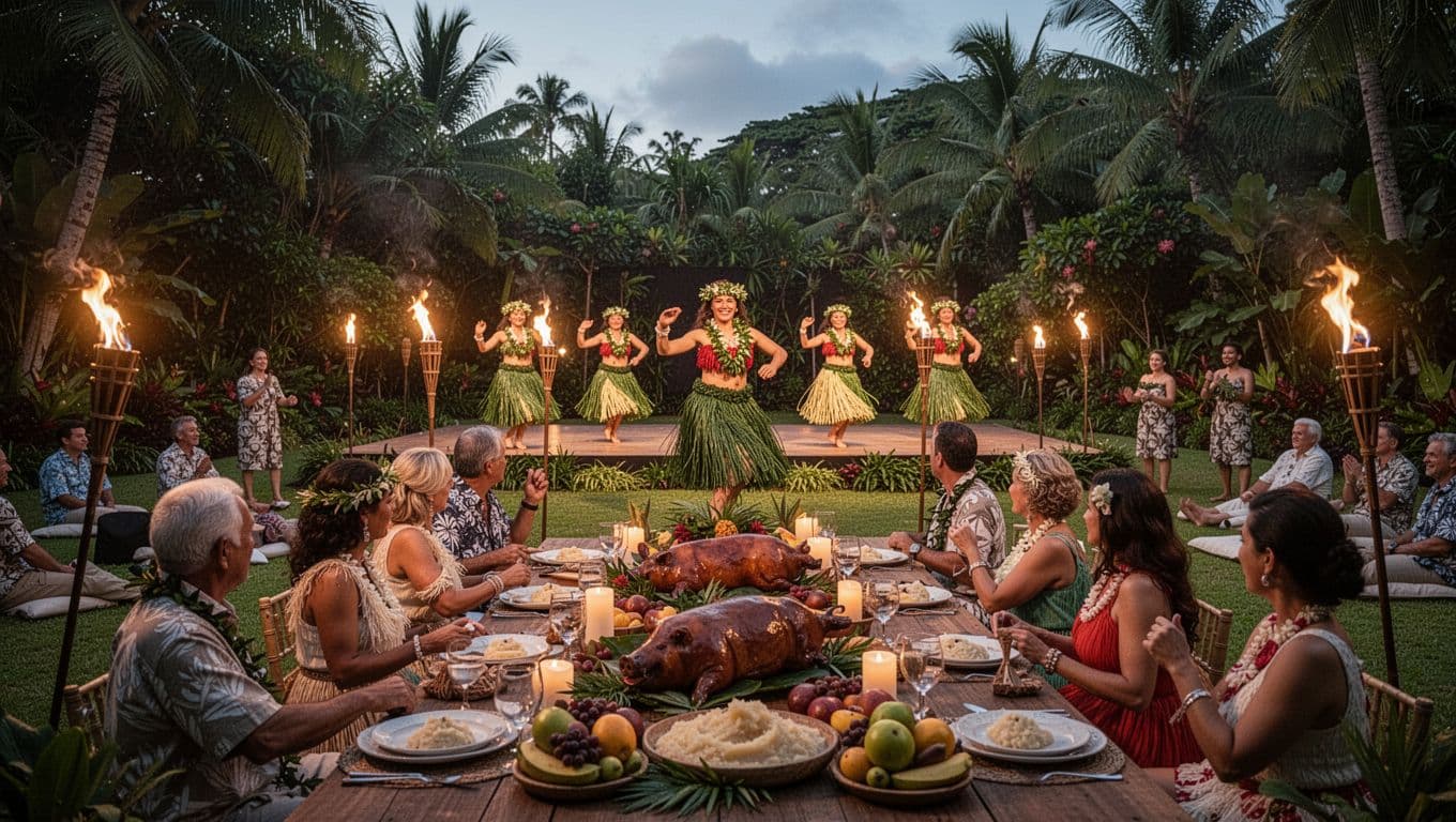 Traditional Hawaiian luau scene with hula performers dancing on stage, tables laden with roast pig, poi, and fruits, tiki torches lit at dusk, audience on lawn in lush tropical garden. Cinematic wide shot capturing cultural performance and vibrant feasting.