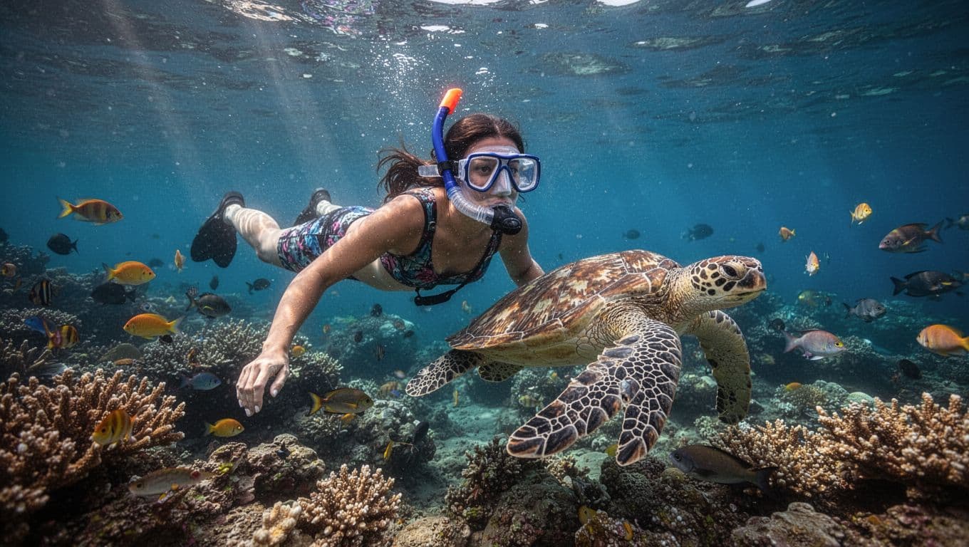 Snorkeler with traditional separate mask and snorkel diving shallow near Hawaiian green sea turtles and reef fish in vibrant Oahu coral reef, dynamic side-angle cinematic shot in clear blue water.
