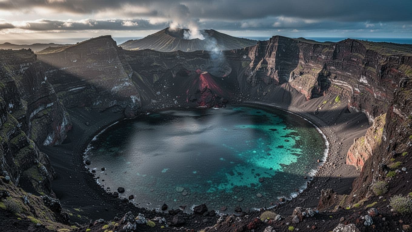Clear water rests inside a volcanic bay beneath towering cliffs.