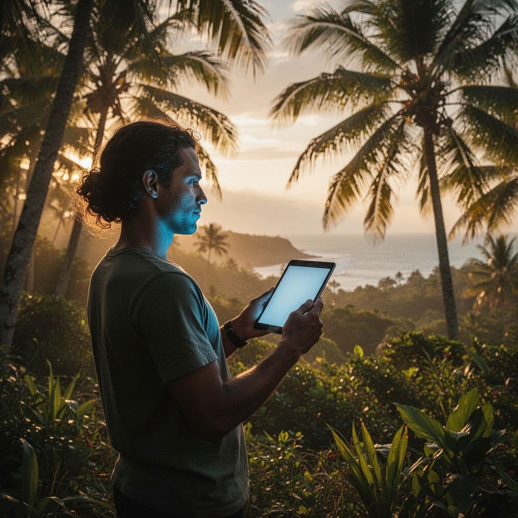 A person relaxed in a lush tropical setting reviews information on a digital tablet.